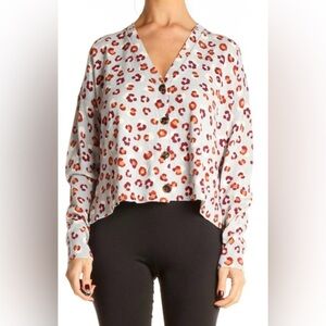 Ann Taylor Leopard Animal Print V-Neck Cropped Cardigan Sweater Grey Size Large